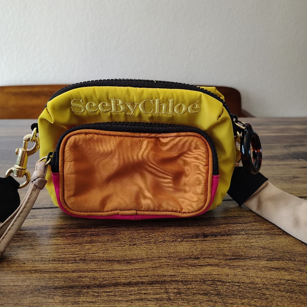 See by Chloé Tilly SBC camera shoulder bag in Golden Oil technical satin